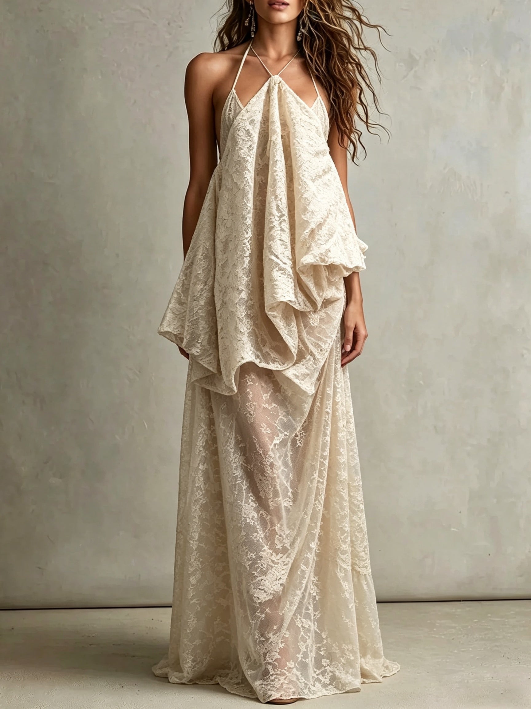 Cream Lace Halter Draped Maxi Dress