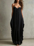 Black Satin Ruffle Hem Maxi Dress