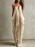 Beige Crinkled Halter Draped Maxi Dress