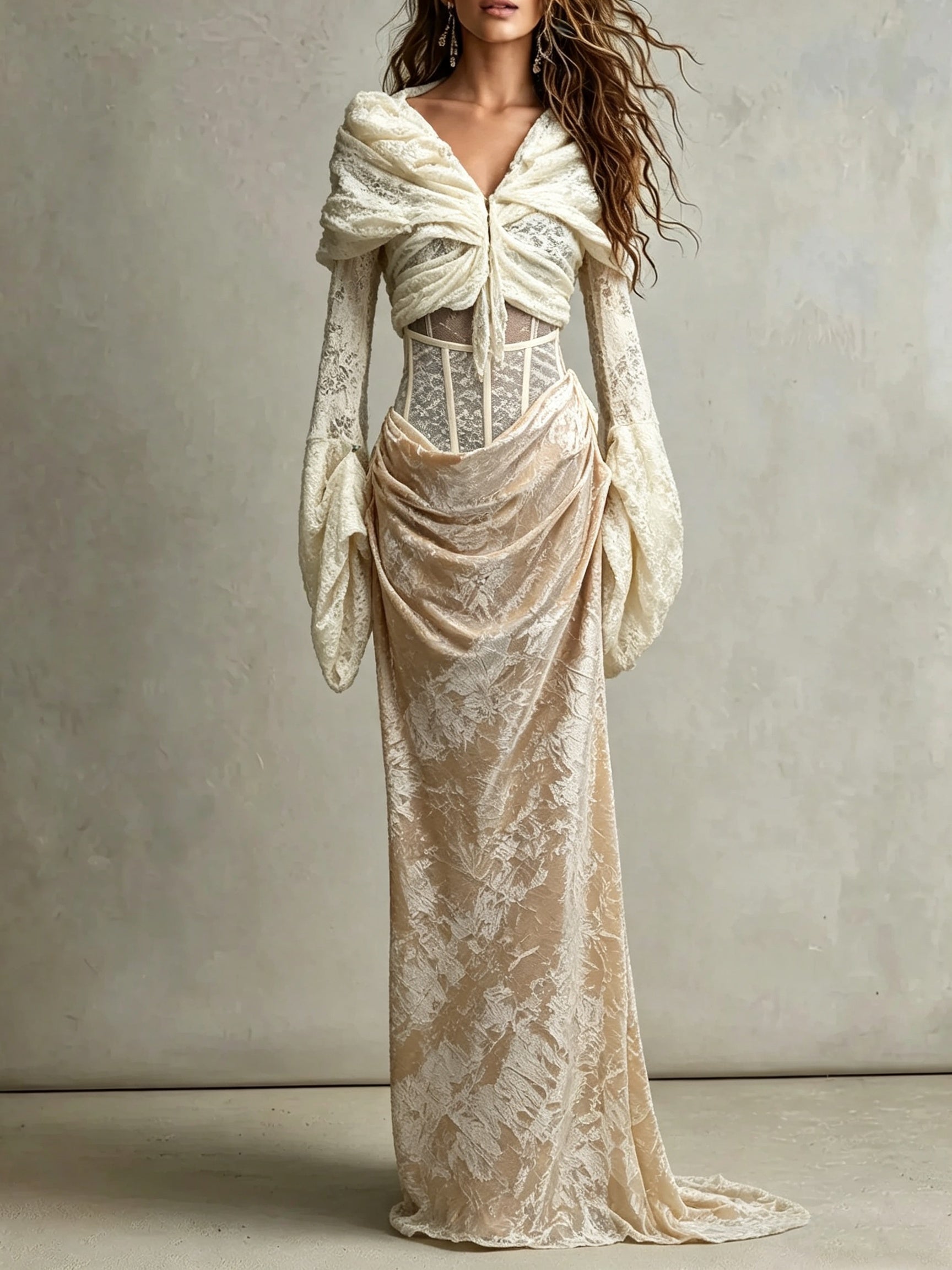 Champagne Velvet Lace Corset Maxi Dress