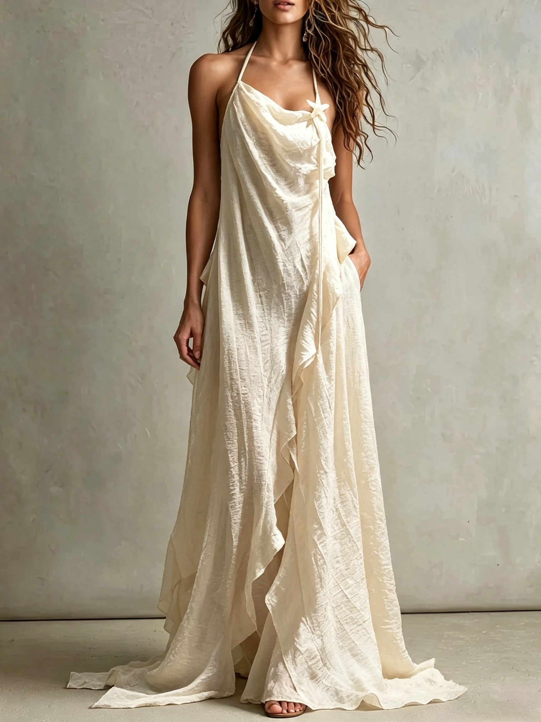 Cream Draped Halter Ruffle Maxi Dress