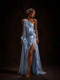 Powder Blue One-Shoulder Ruffle Maxi Dress