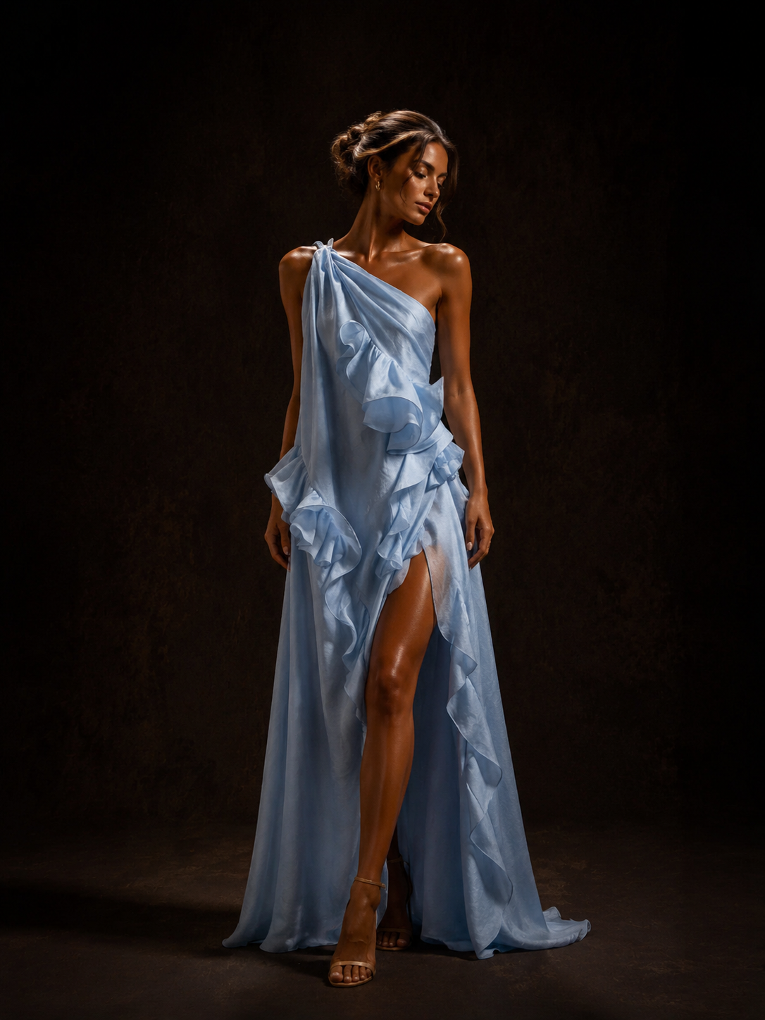 Powder Blue One-Shoulder Ruffle Maxi Dress