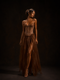 Bronze Lace Corset High-Slit Maxi Dress