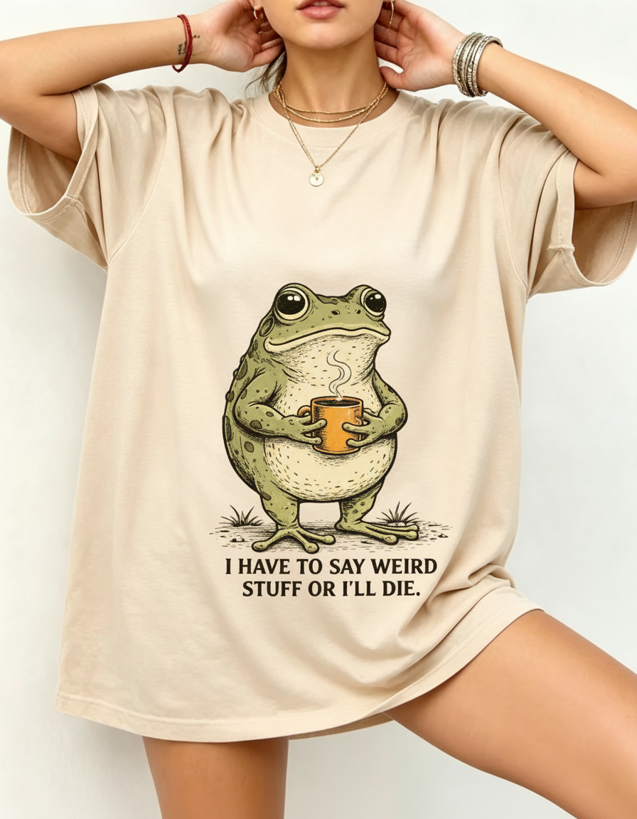 Weird Frog With Coffee Graphic Oversized Tee