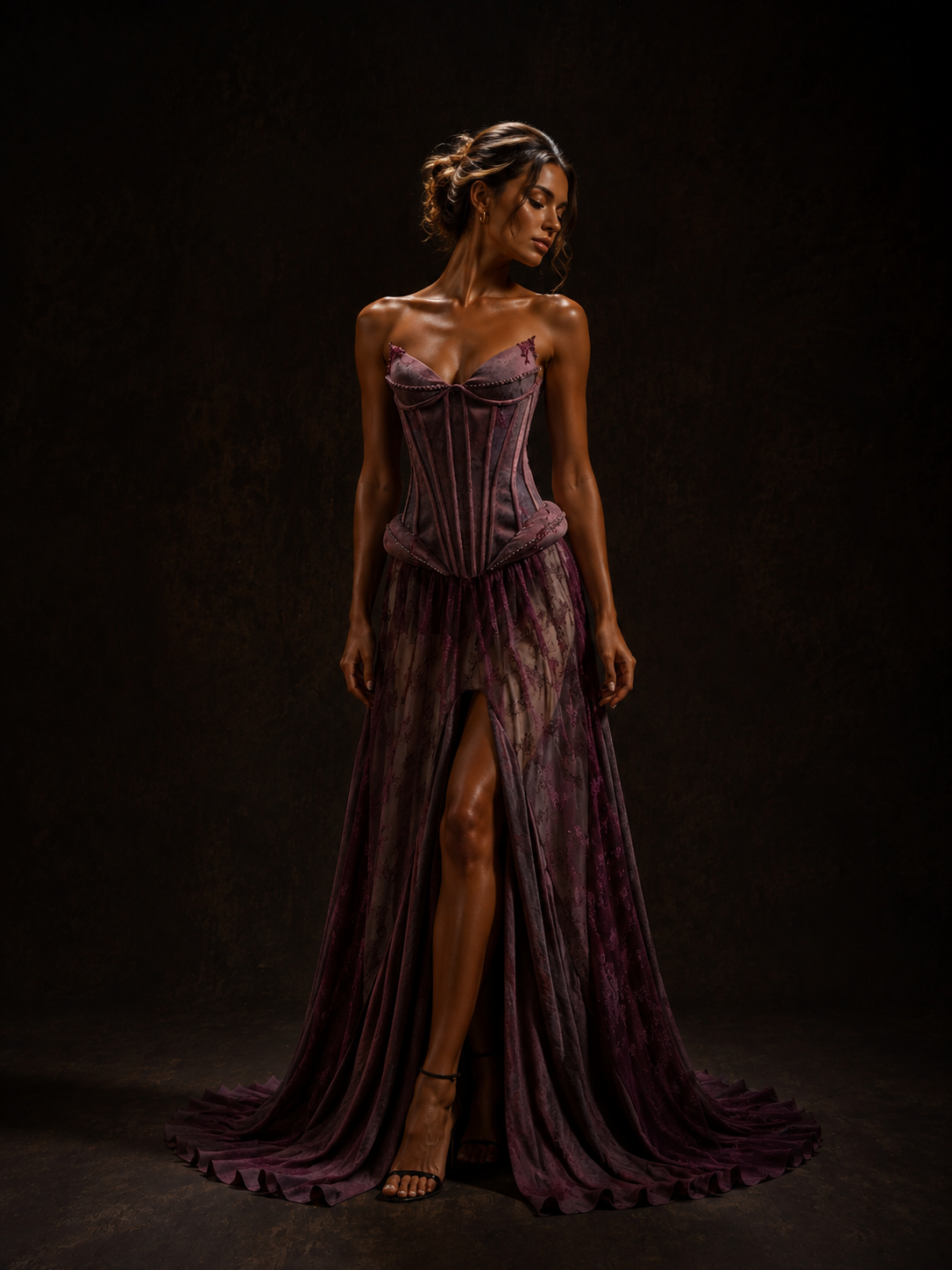 Plum Lace Corset High-Slit Maxi Dress