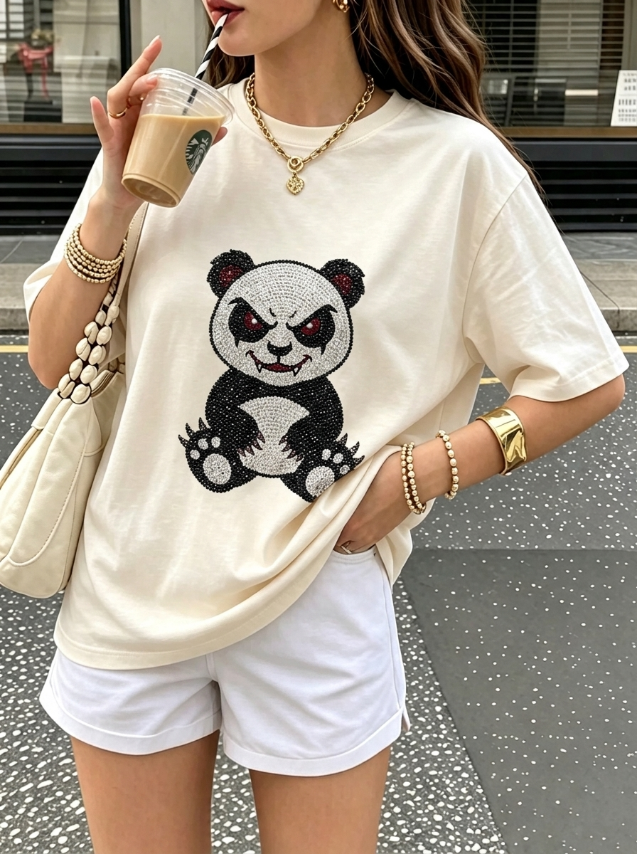 Rhinestone Grumpy Panda Oversized Tee