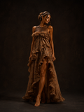 Bronze Sheer Yoke Tiered Ruffle Maxi Dress