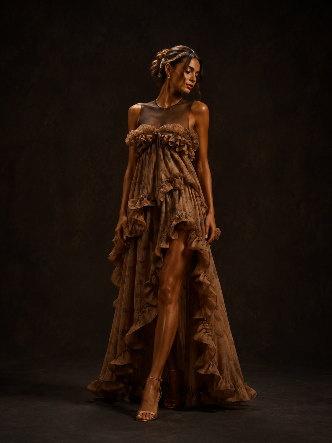 Bronze Sheer Yoke Tiered Ruffle Maxi Dress