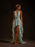Mint Cowl Neck Ruffle High-Low Dress