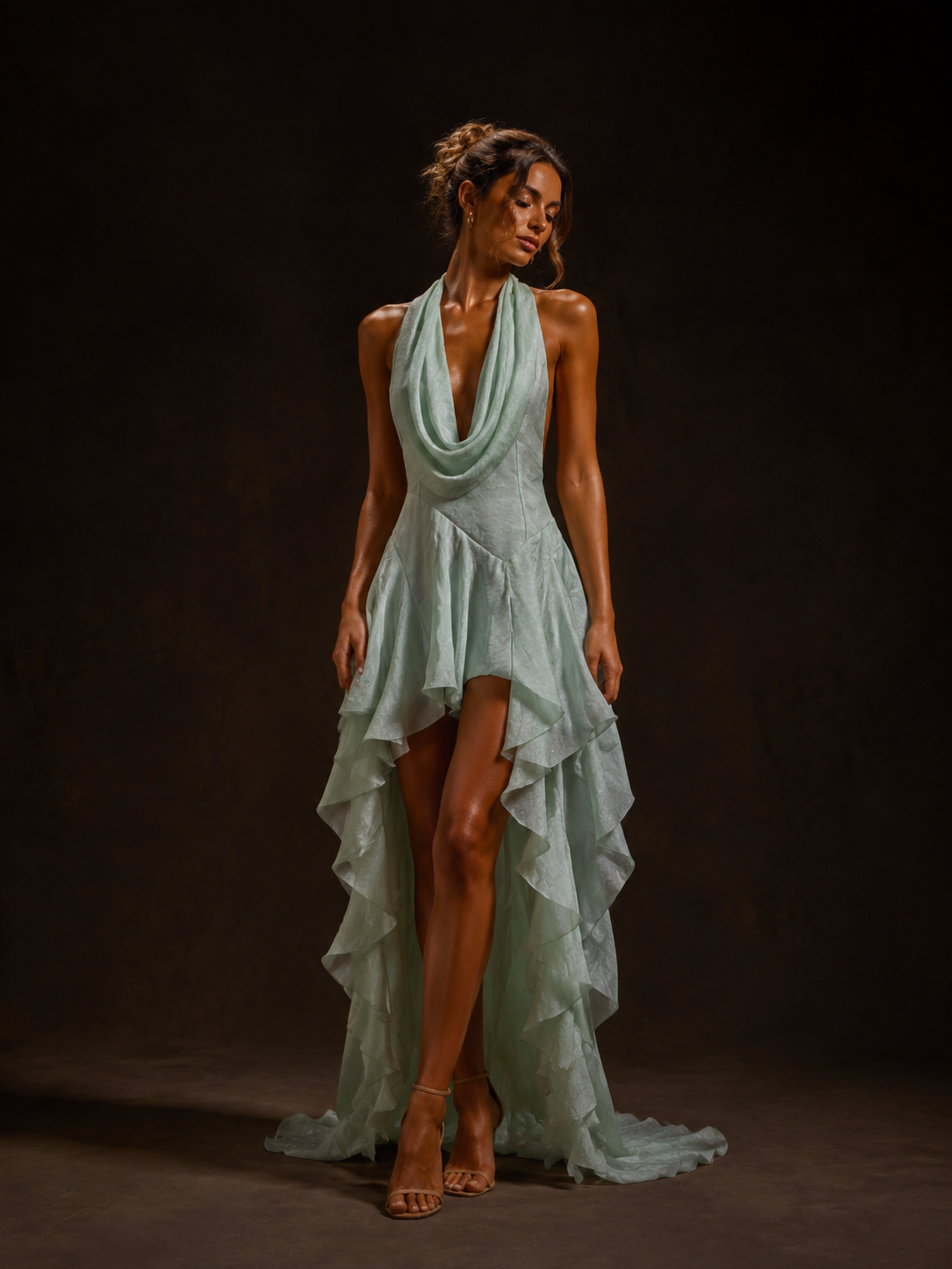 Mint Cowl Neck Ruffle High-Low Dress