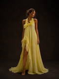 Yellow Halter Floral Applique Maxi Dress