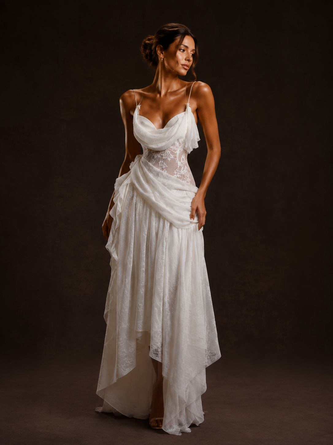 White Draped Lace Corset Maxi Dress