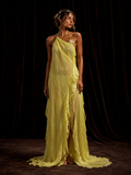 Yellow Asymmetric Pleated Halter Maxi Dress