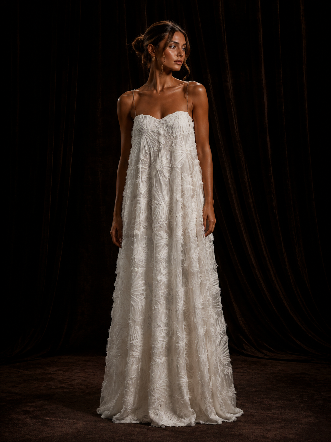 White Textured Feather A-Line Maxi Dress