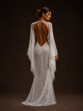 White Lace Backless Cape Sleeve Maxi Dress