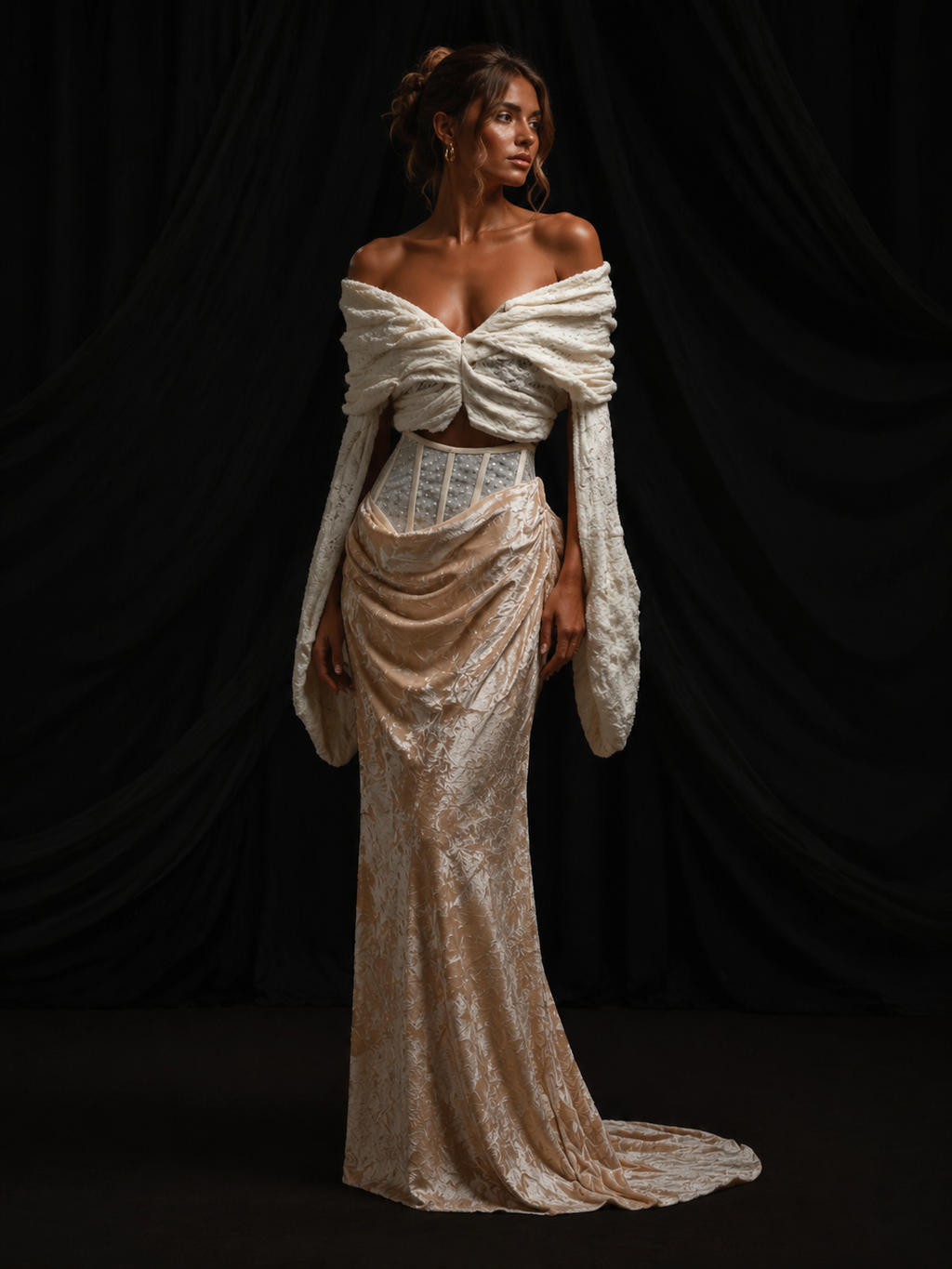 Champagne Lace Corset Velvet Maxi Dress