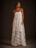 White 3D Floral Applique Strapless Maxi Dress
