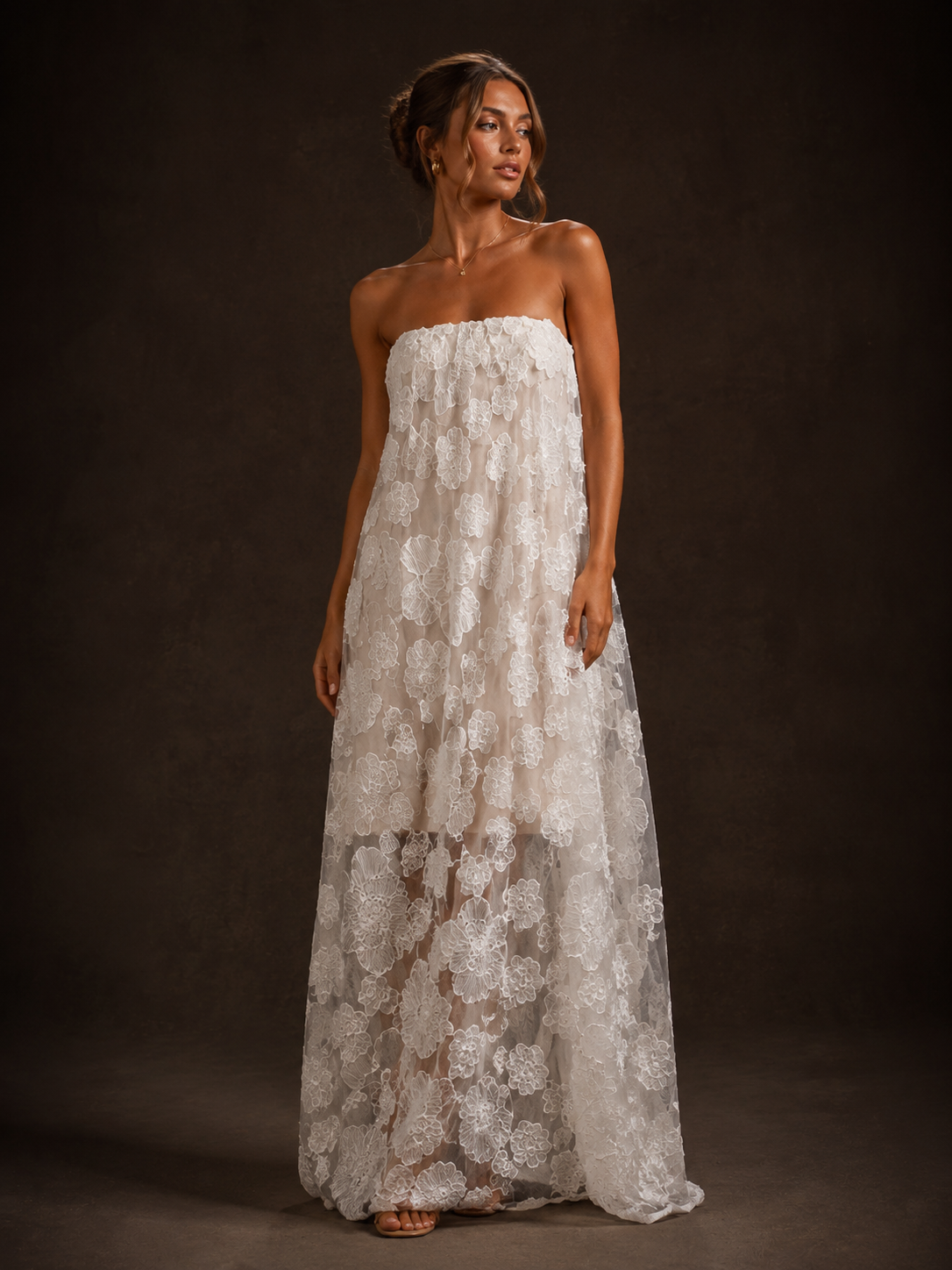 White 3D Floral Applique Strapless Maxi Dress