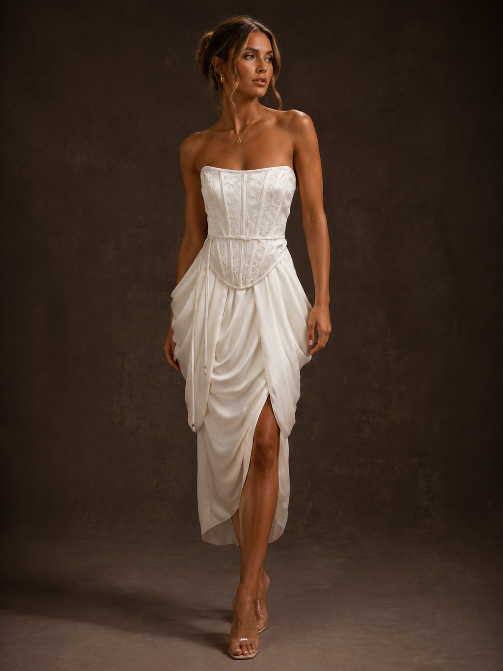 White Lace Corset Draped Midi Dress