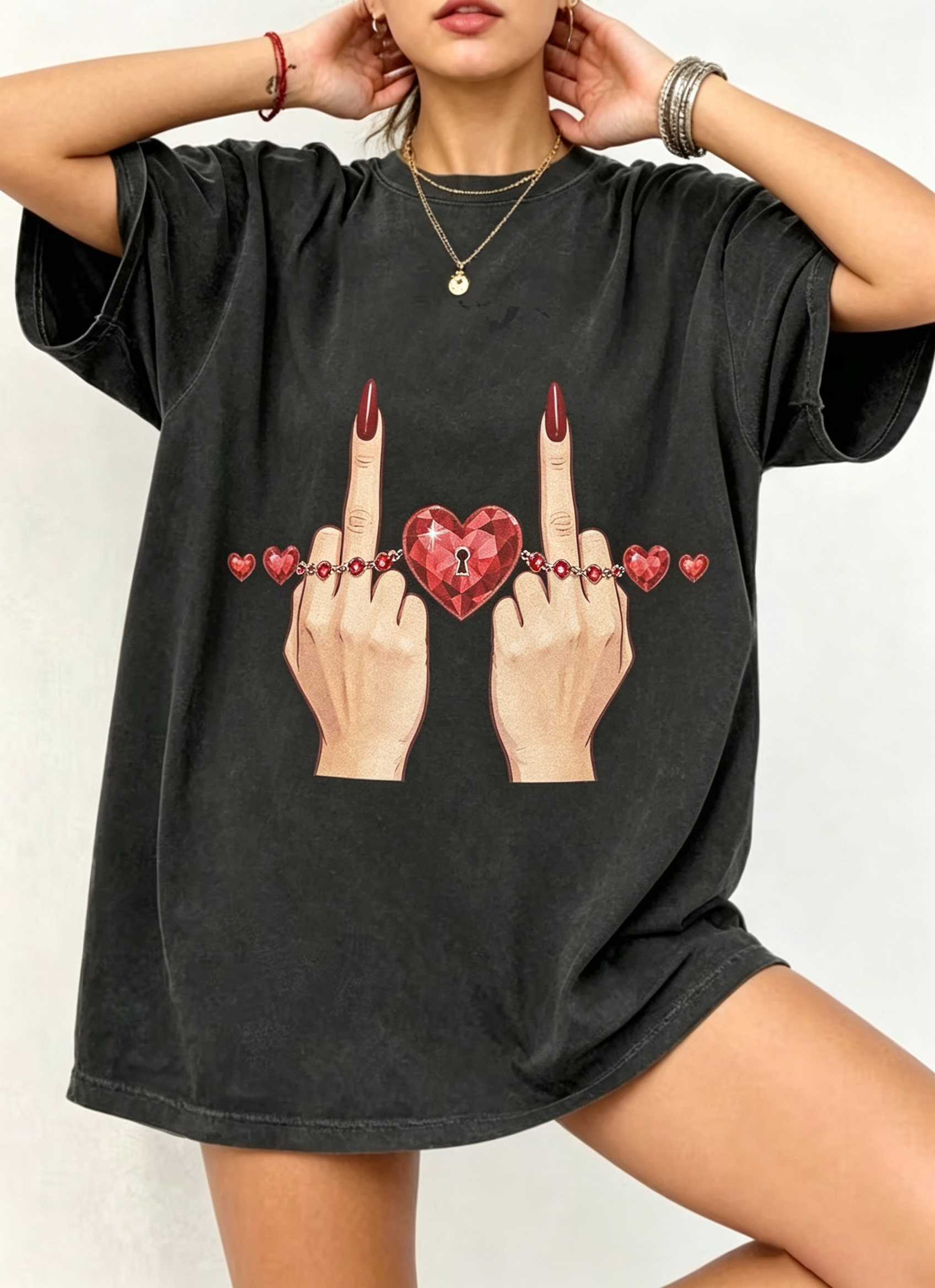 Heart Lock Middle Finger Oversized Tee