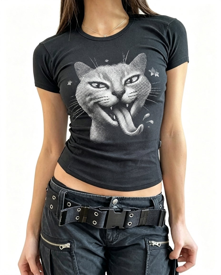 Halftone Cat Graphic Baby Tee