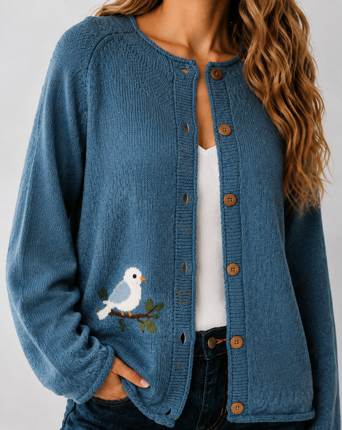 Blue Knit Cardigan With Embroidered Bird