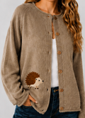 Taupe Knit Cardigan With Embroidered Hedgehog