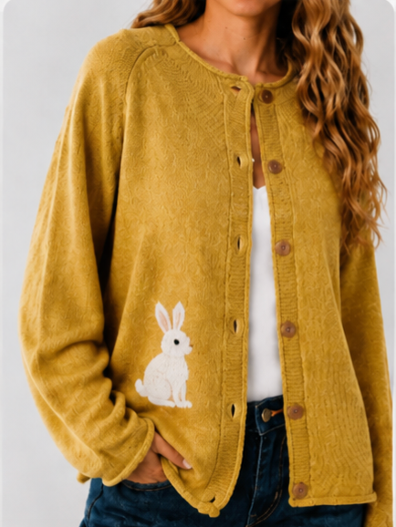 Mustard Yellow Knit Cardigan With Embroidered Rabbit