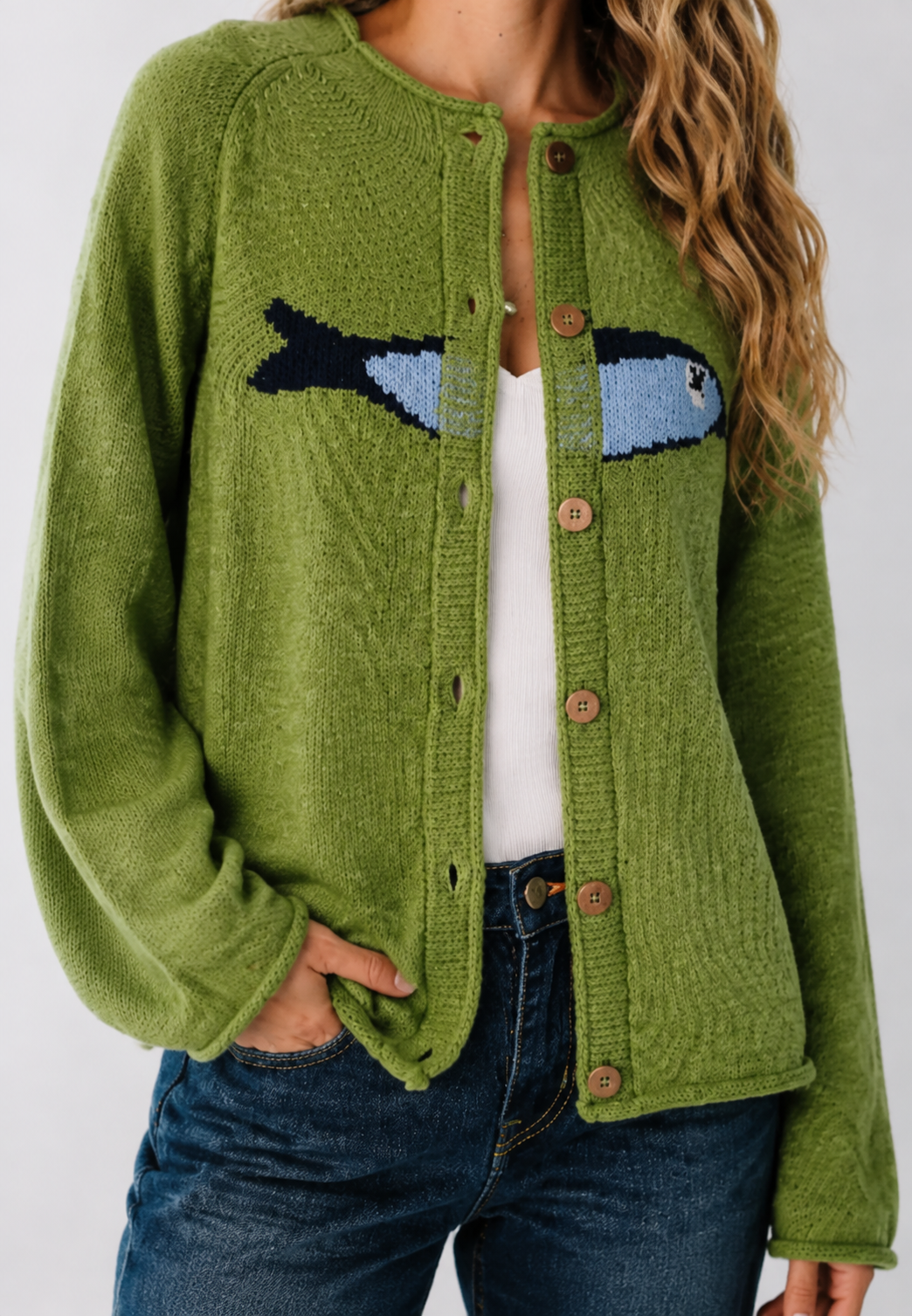 Olive Green Knit Cardigan With Embroidered Fish