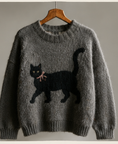 Grey Cat With Pink Bow Knit Sweater