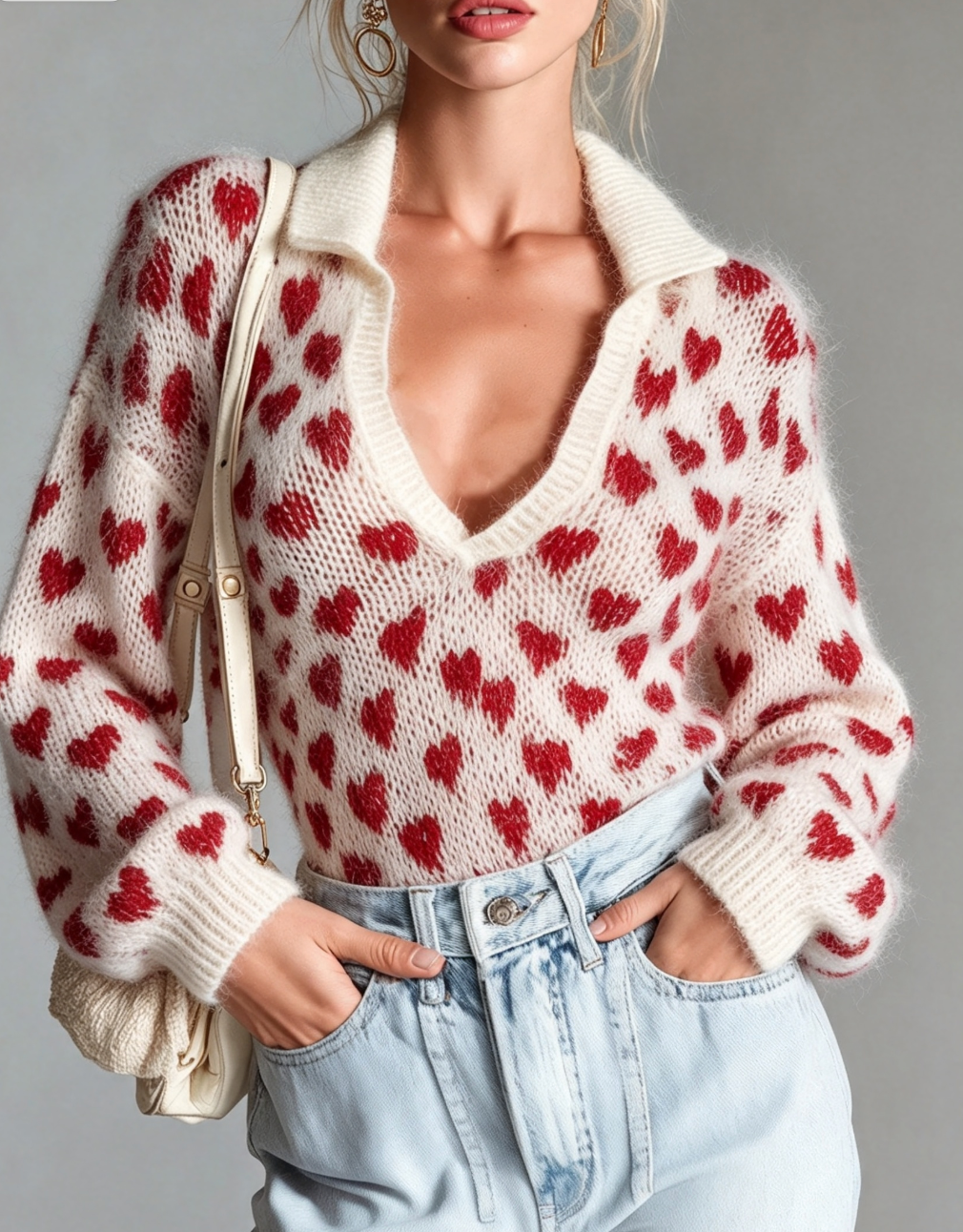 Red Heart Pattern Collared V-Neck Sweater