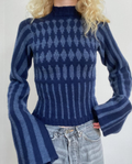 Navy Geometric Knit Bell-Sleeve Top