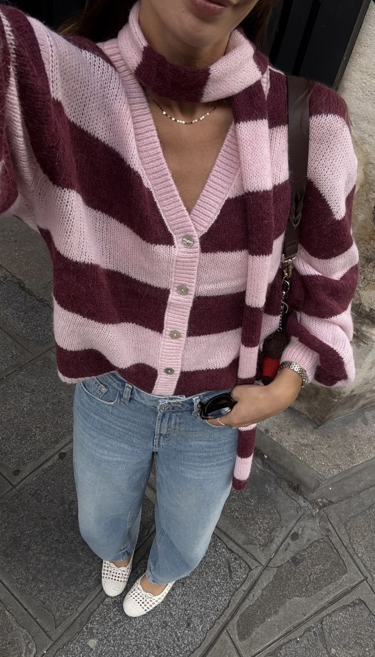 Maroon And Pink Stripe Knit Cardigan Set