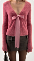 Dusty Pink Fuzzy Bow-Front Cardigan