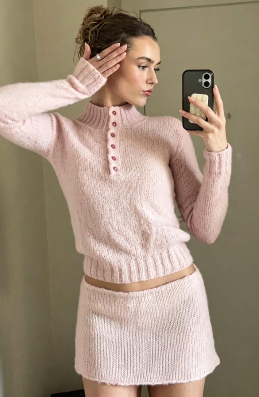 Pink Button-Placket Mock Neck Knit Sweater