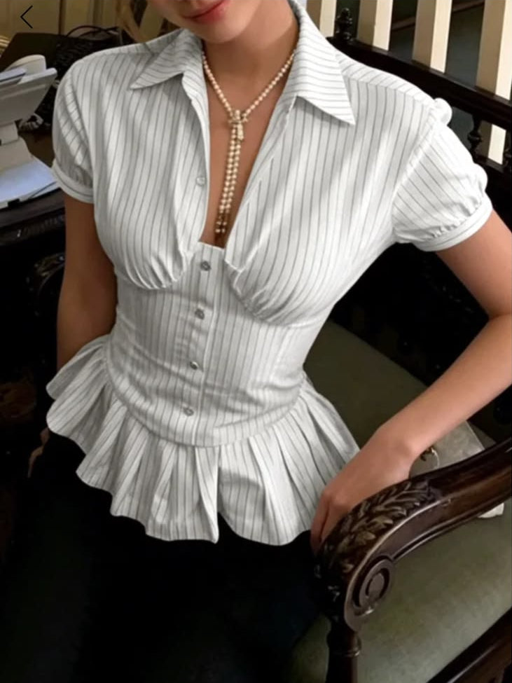 White Pinstripe Button-Down Knit Top