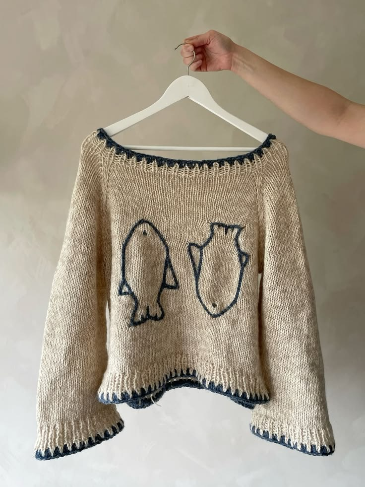 Beige Fish Graphic Contrast Trim Knit Sweater