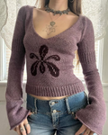 Dusty Purple Flower Graphic Bell-Sleeve Knit Top
