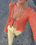 Coral Open-Knit Single-Button Cardigan