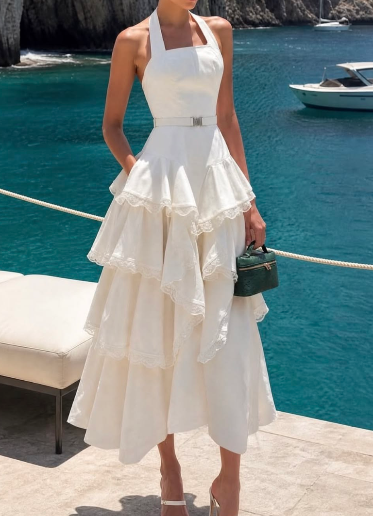 White Halter Neck Tiered Ruffle Midi Dress