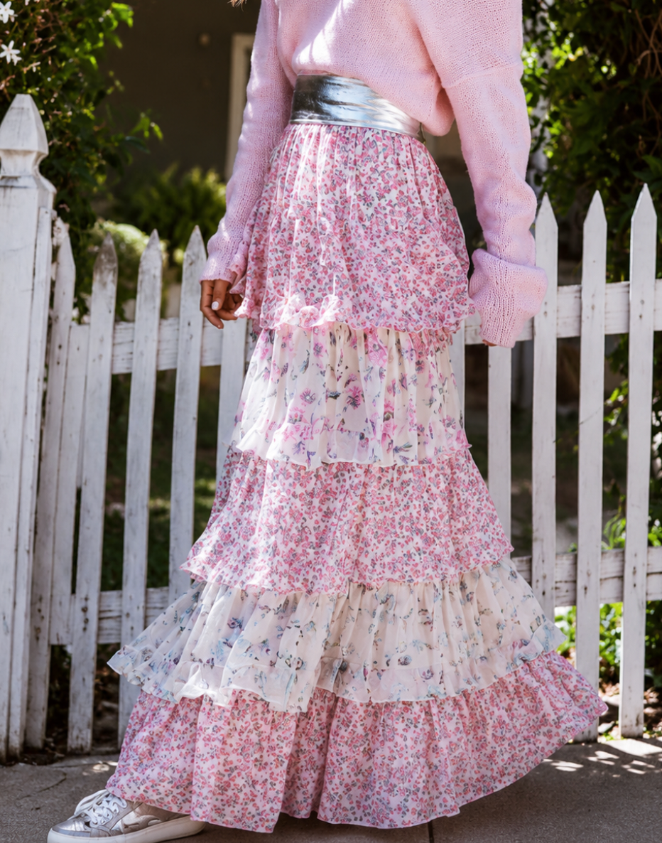 Pink Floral Tiered Maxi Skirt