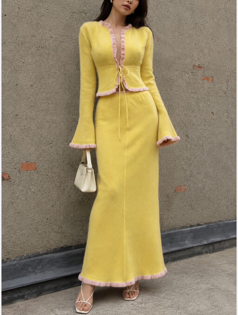Yellow Ruffle Trim Tie-Front Knit Set