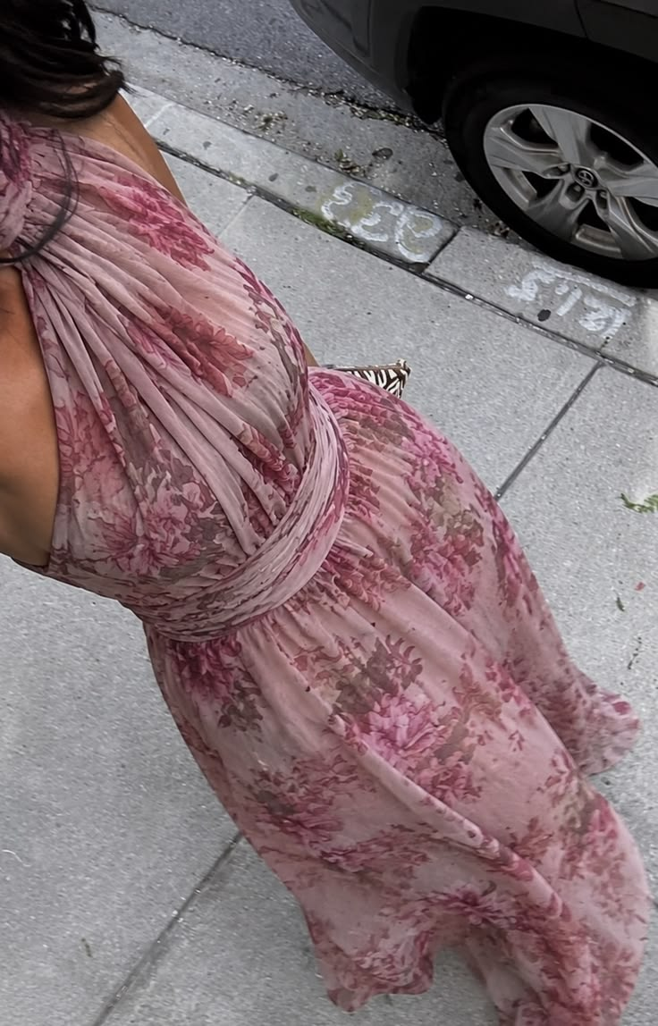 Mauve Floral Halter Ruched Maxi Dress
