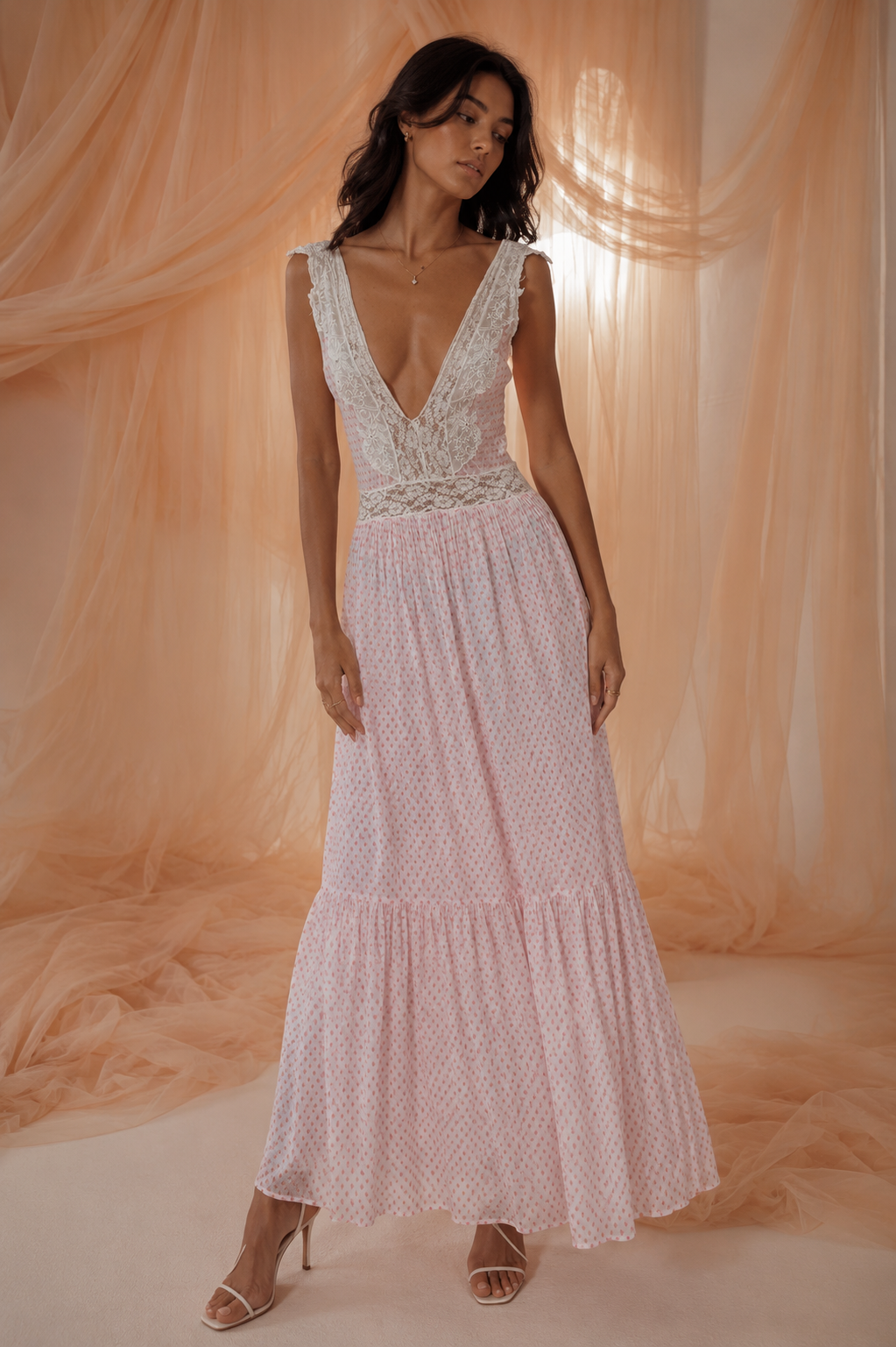 Pink Lace Bodice Dotted Maxi Dress