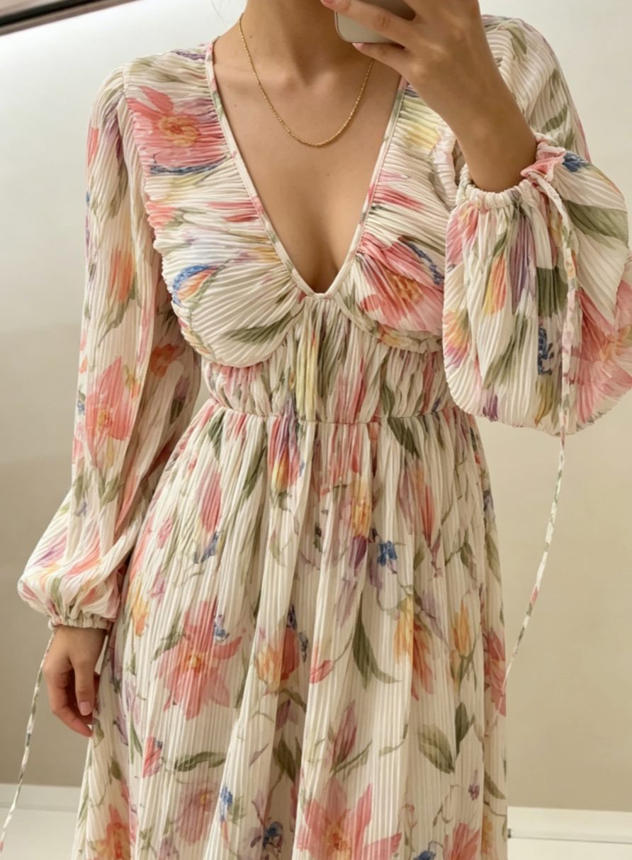 White Floral Pleated Balloon Sleeve Midi Dress