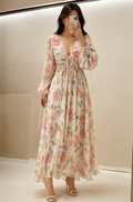 White Floral Pleated Balloon Sleeve Maxi Dress