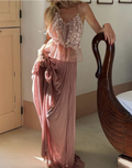 Dusty Rose Lace Peplum Top And Pleated Maxi Skirt Set