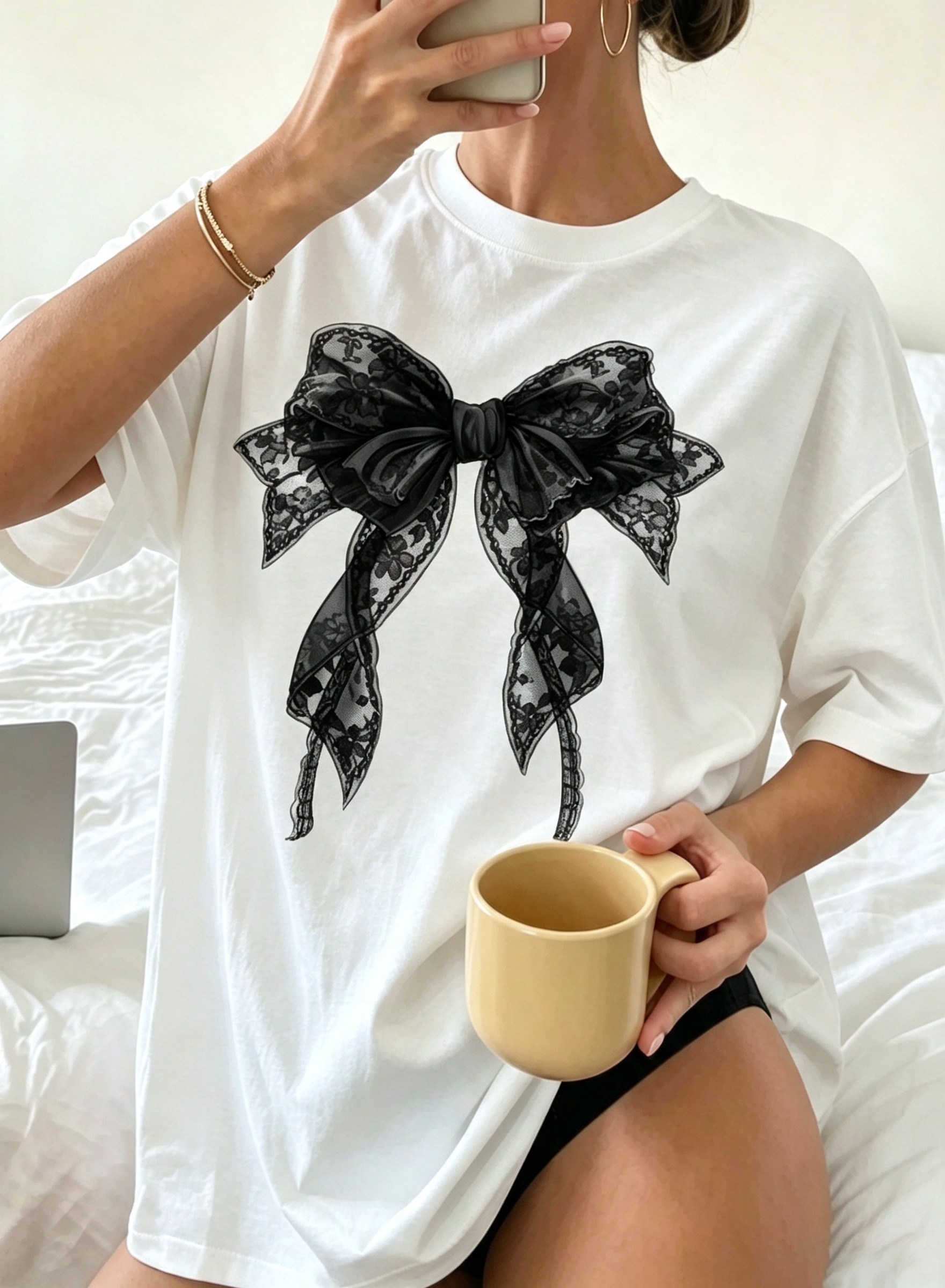 Black Lace Bow Oversized Graphic Tee