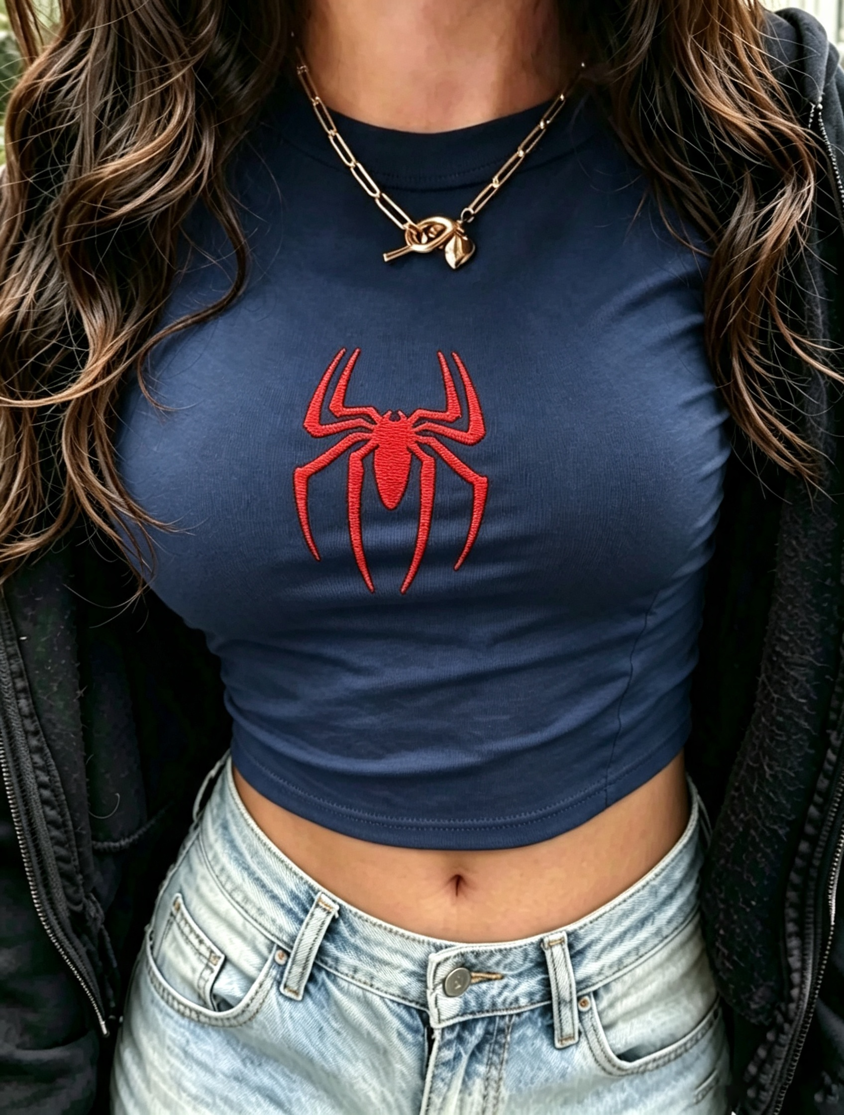 Red Spider Embroidered Baby Tee